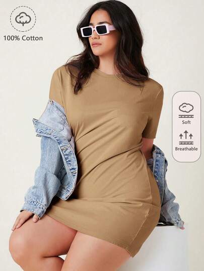 SHEIN BASICS 夏季休闲纯色T恤连衣裙