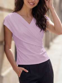 EMERY ROSE Nueva blusa de primavera/verano con cuello en V, hombros cruzados, manga corta, ajustada y con espalda descubierta, de estilo elegante para mujeres - Morado - Ver 4