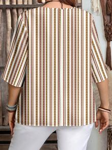 EMERY ROSE Plus Size Women Casual Striped Short Sleeve Shirt, Suitable For Summer - Multicolor - View 2