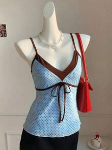 Comfortcana Camiseta de tirantes con estampado de lunares azules y marrones para mujer, primavera/verano - Azul - Ver 5