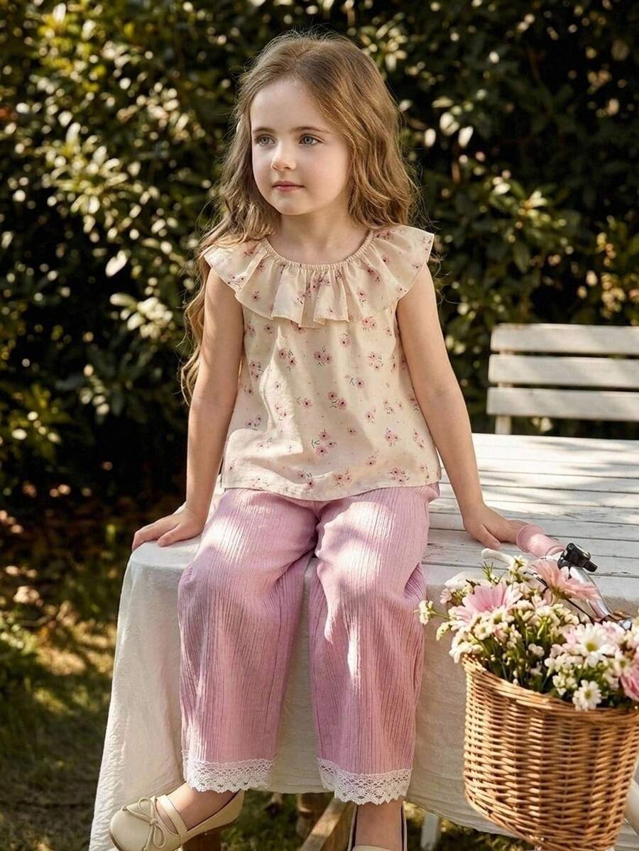 SHEIN Bộ đồ 2 món cho bé gái: áo và quần ống rộng bằng vải chiffon họa tiết hoa nhí xếp nếp. - Nhiều màu - Xem 1