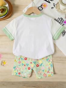 Baju Anak Perempuan Lengan Pendek Kerah Bulat dengan Trim Kontras dan Motif Huruf & Kartun, Pakaian Kasual Sehari-hari - MultiWarna - View 2