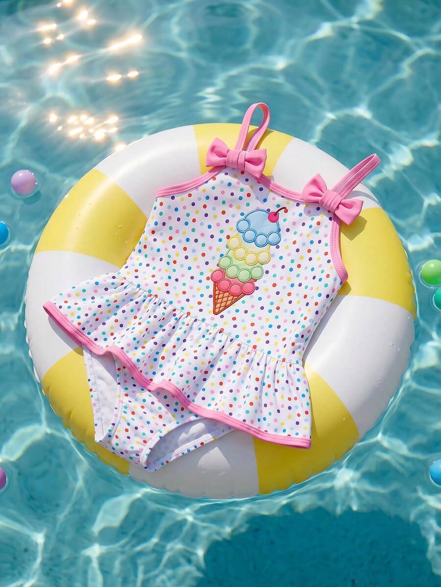SHEIN Baby Girl Knitted Polka Dot Ice Cream Pattern Romper Swimsuit - Multicolor - View 1