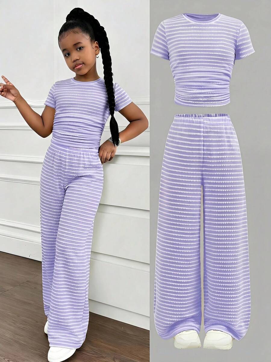 SHEIN Tween Girls' Casual Yellow White Striped Tank Top And Shorts Set,Comfortable&Minimalist Two Pieces Short Summer Clothes - Purple - View 1