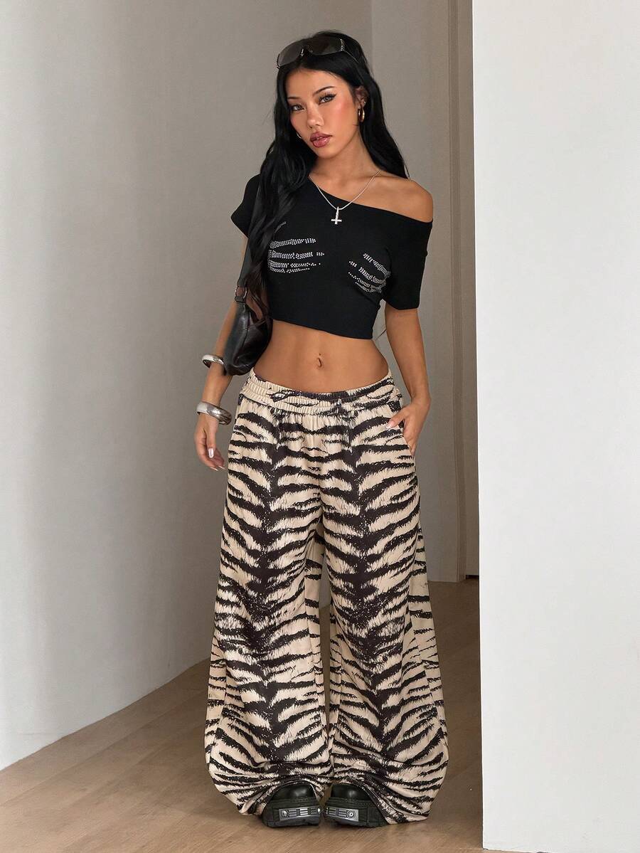 SHEIN ICON 朋克风印花宽松休闲低腰裤 - 彩色 - 查看 1