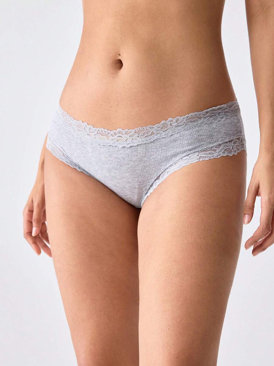Loungeista 3条/套纯色棉质罗纹蕾丝拼接性感舒适女士内裤,适合情人节、圣诞节、秋冬季、春夏日常穿着 - 彩色 - 查看 1