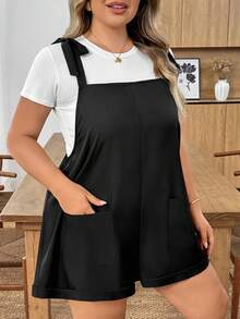 SHEIN CURVE+ 大码女式工作服，休闲多功能黑色吊带背心，春夏连体裤，带口袋 - 黑色 - 查看 7