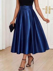 Fleurora Women's Elegant Solid Color Pleated Skirt, Suitable For Parties Carnival Women Carnival Costume Carnival Women Carnival Costume For Women Summer Dress Party Elegant Party Dresses Winter Dress Formal Dresses For Women Festival Outfits For Women Elegant Dresses For Women - Navy Blue - View 3