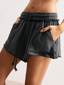 Bohemela Quần short dệt kim màu trơn cạp rút cho nữ - Màu xám đen - Xem 2