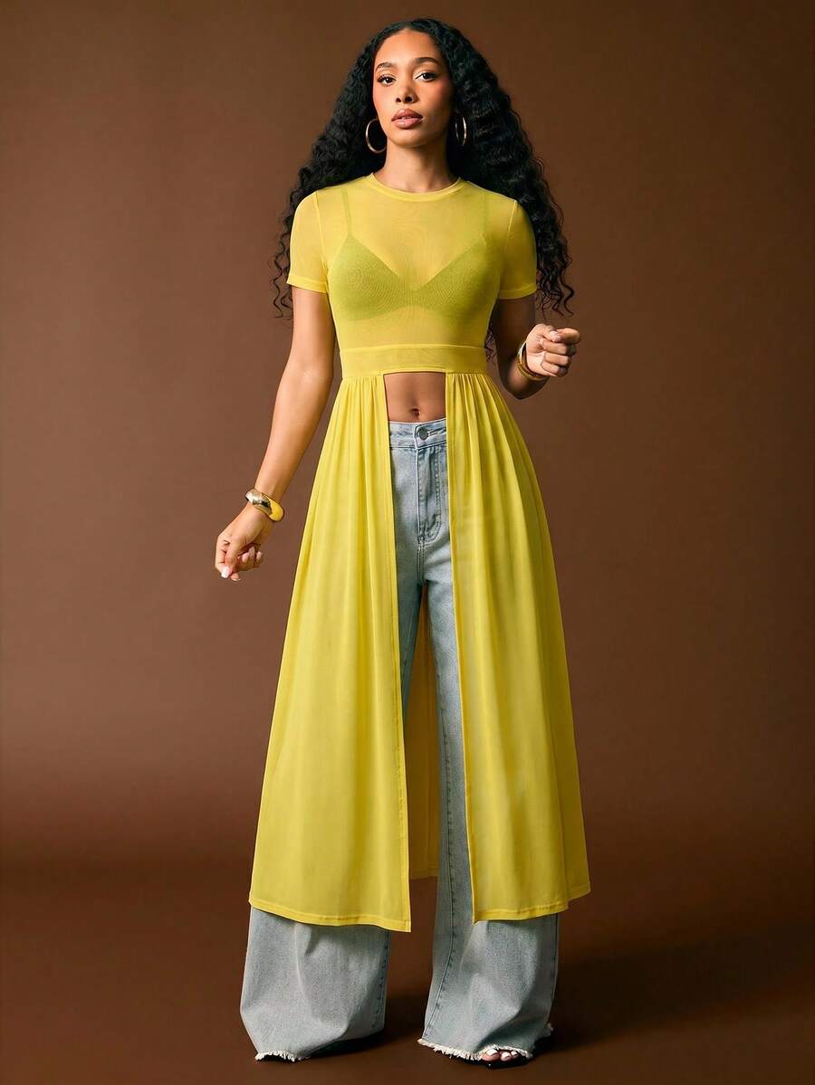 Vixey Sheer Solid Mesh Short Sleeve Split Hem Maxi Top - Yellow - View 1