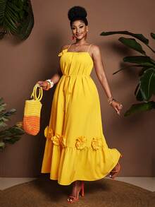 Maweii Vestido de Férias Solto com Aplicação Floral Plus Size, Linha A, Sem Mangas, Primavera/Verão - Amarelo - Visão 5