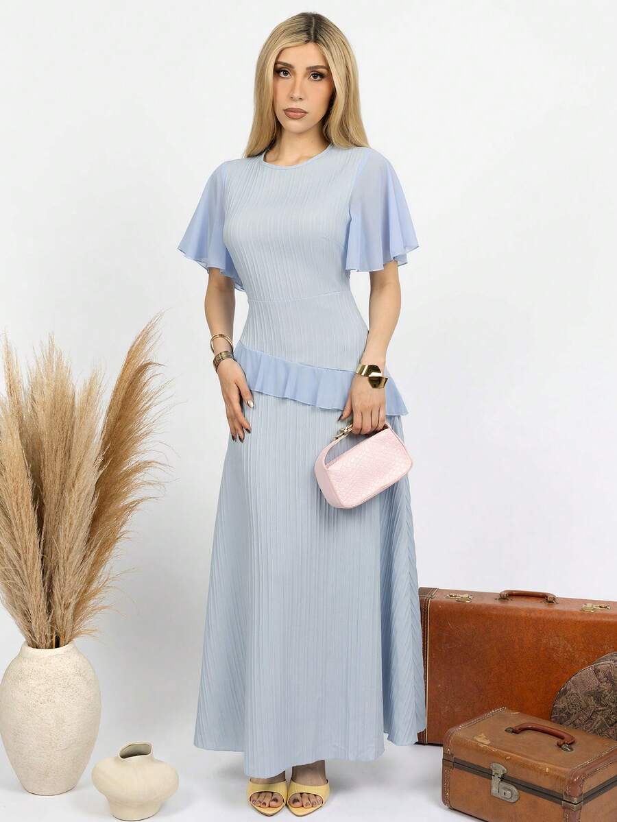 PRISCILA ESCOTO PRISCILA ESCOTO Váy suông thường ngày bằng vải dệt kết cấu mới cho nữ cổ tròn bằng vải chiffon chắp vá tay bèo nhún, thắt eo, váy dạ hội thanh lịch tôn dáng - Màu xanh lam - Xem 1