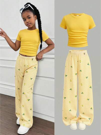 SHEIN Tween Girls Fashion Casual Soft Comfortable Yellow Ribbed Crew Neck Ruched T-Shirt And Yellow Plaid Lemon Flower Pattern Knit Pants 2-Piece Set, Versatile For Everyday Wear
