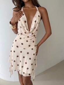 Aloruh Đầm ngắn nữ thanh lịch cổ chữ V xẻ sâu, dây buộc, họa tiết chấm bi, thích hợp cho kỳ nghỉ biển. - Màu be - Xem 5