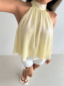 Aloruh Women's Casual Vacation Minimalist Solid Color Knotted Halter Top,Summer Top - Light Yellow - View 5