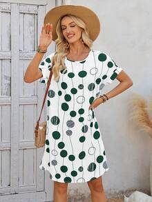 EMERY ROSE Casual Printed Sleeveless Round Neck A-Line Dress, Summer,Dresses For Women Summer - Dark Green - View 5