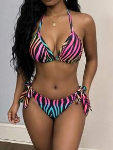 Maweii Plus Size Contrasting Zebra Print Halter Cami Strap Fashion Summer Bikini Set Set Vacation - Multicolor - View 6