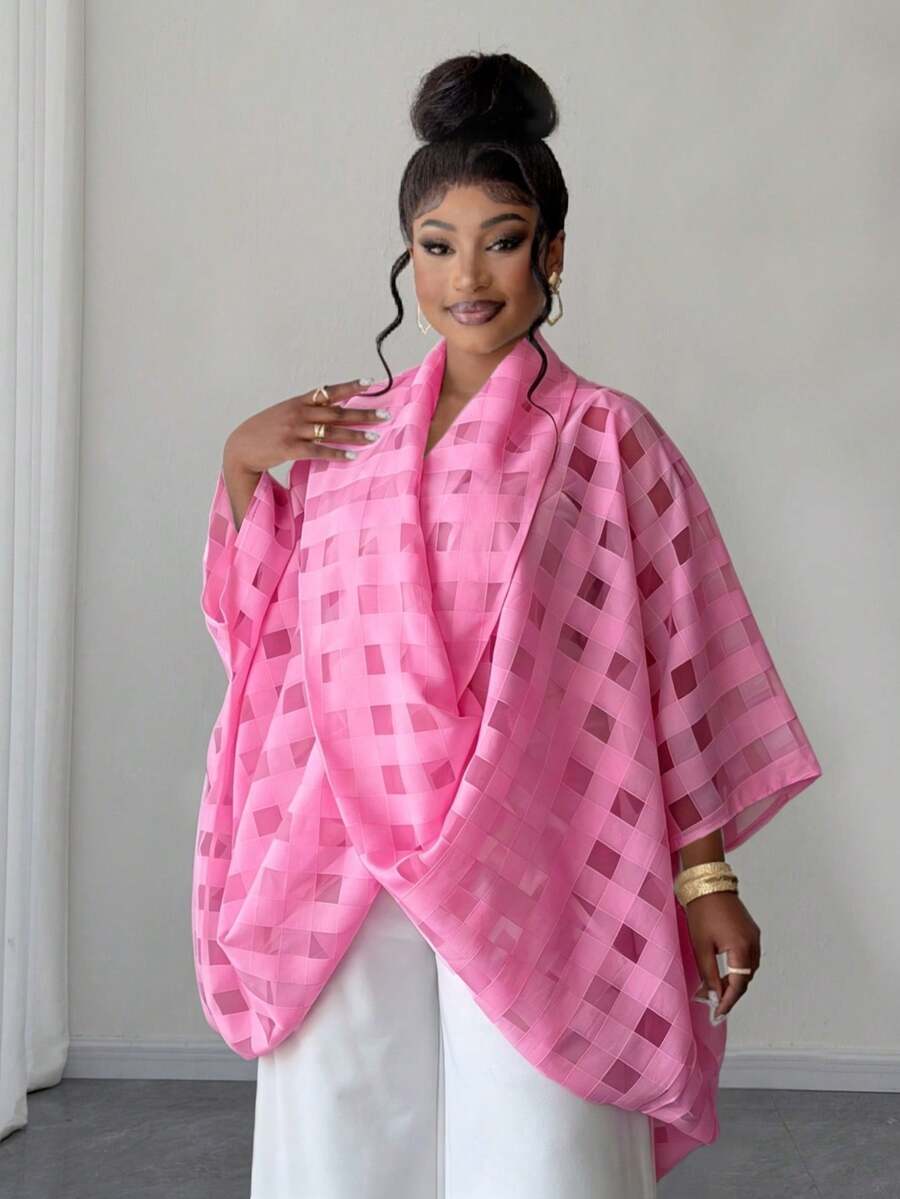 Maweii Plus Size Summer Plaid Loose Twist Knot Collared Shirt - Hot Pink - View 1