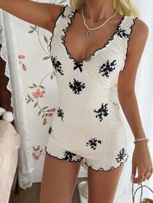 SHEIN Bộ đồ ngủ liền thân cổ chữ V in hoa, viền bèo nhún, trang trí nơ dành cho nữ. - trắng - Xem 7