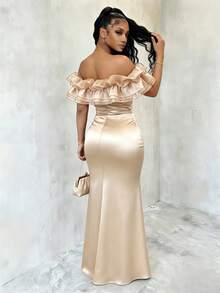 SHEIN Raffinéa Gaun Mermaid Wanita Elegan Warna Polos Berkilau Jala Tanpa Bahu Model Bandeau Patchwork Satin Pas Badan, Musim Semi/Panas - Sampanye - View 2
