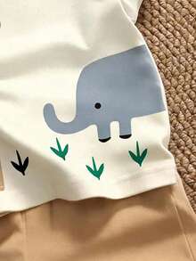 SHEIN Baby Boy Casual Simple Top Suitable For Spring And Summer, Classic Cute Cartoon Giraffe, Elephant Pattern Print, Handsome Little Animal Gathering Pattern Print - Multicolor - View 4