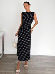 Siren Gaze Black And White Polka Dot Midi Dress, Sleeveless, Fitted, Halter Neck, Backless Party Holiday, Summer Vacation Evening Gown 70s Retro Elegant - Black - View 6