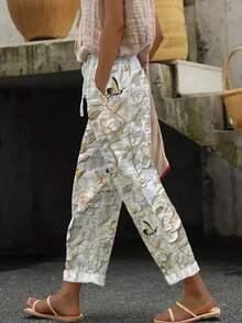 SHEIN Women's Autumn Floral Print Fabric Casual Boho Vacation Style Pants With Pockets And Tie Front Design, Suitable For Beach Garden Street Photography - Apricot - View 1