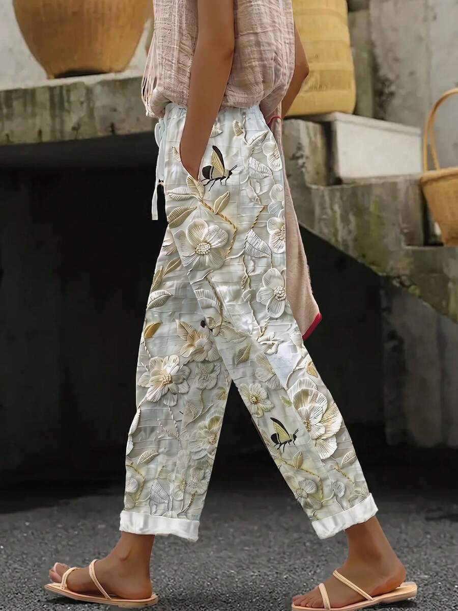 SHEIN Women's Autumn Floral Print Fabric Casual Boho Vacation Style Pants With Pockets And Tie Front Design, Suitable For Beach Garden Street Photography - Apricot - View 1