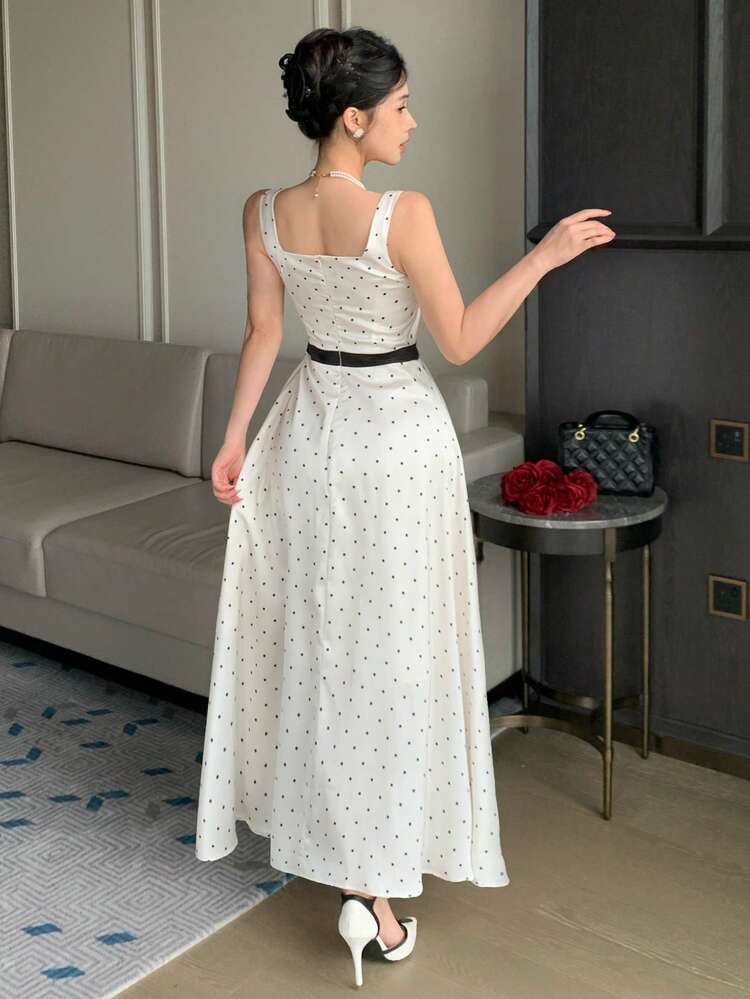 Women's Elegant A-Line Midi Dress, Vintage French Design, Waist Cinching, Flattering Silhouette, Suitable For Spring And Summer
