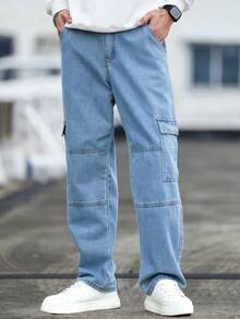 Manfinity Homme Loose Fit Men's Flap Pocket Side Cargo Jeans - Blue - View 5
