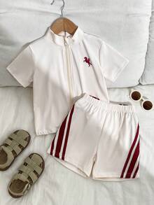 Playful Pals 2pcs/Set Young Boys Animal & Stripe Print Short Sleeve Stand Collar Tee + Elastic Waist Shorts Set, Casual Sports Outfit For Summer - Apricot - View 3