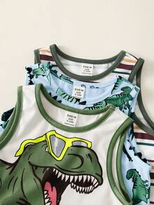 3pcs/Set Baby Boy White Summer Casual Cute Graphic Vacation Tank Tops,Dinosaur Pattern,Classic Striped,Street Style,Loose Comfortable,Versatile - Multicolor - View 4