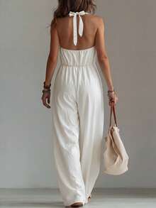 Hotletica Bộ jumpsuit nữ cổ chữ V, hở lưng, dáng rộng, thoải mái. - Màu be - Xem 5