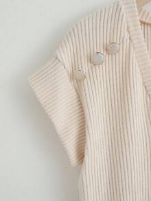 Franclia Beige Summer Elegant Women's V-Neck Knit T-Shirts,Metal Button Accent Short Sleeve Holiday Picnic Tops,Casual Country-Style Business Vacation Apparel - Khaki - View 7