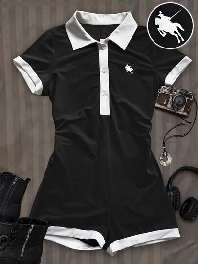 SHEIN Tween Girls' Casual Minimalist College Style Small Horse Logo Graphic Polo Neck Jumpsuit, Versatile, Vintage, Academia, , Cute, Y2K, Coconut Girl, Boho, Hippie, Music Festival, Suitable For All Seasons