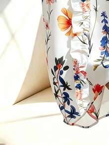 SHEIN Franclia Áo kiểu Pháp cổ điển mùa hè in hoa, viền bèo nhún, cài cúc phía trước. - trắng - Xem 3