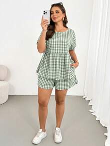 Shapeblank 大码女装春夏时尚休闲宽松舒适日常百搭显瘦格子娃娃裙两件套，含短袖上衣和短裤，夏季服装，曲线套装，度假装 - 薄荷綠 - 查看 6