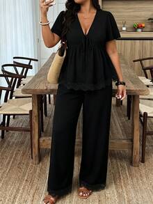 Weeklong Plus Size Women Solid V-Neck Ruched Short Sleeve Top And Pants Casual Suit - Black - View 5