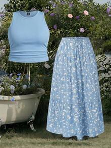Solflare Plus Size Women 2-Piece Set: Solid Color Tank Top And Floral Print Skirt - Blue - View 3