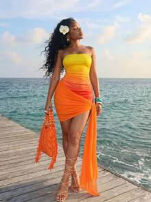 SHEIN Lunessa Vestido bandeau plisado degradado para mujer, vacaciones - Naranja - Ver 8