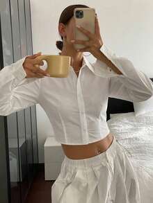 DAZY Solid Color Turndown Collar Long Sleeve Drawstring Hem Women Shirt Teachers' Day Office White Autumn Basic Smart Casual - White - View 6