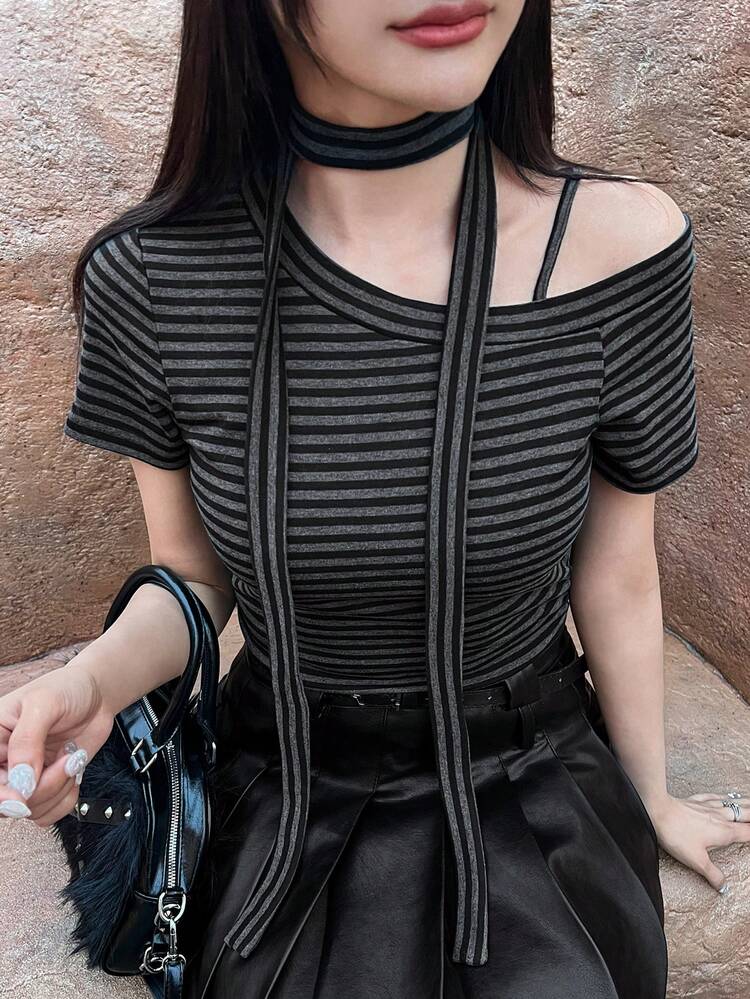 FRIFUL Women's Summer Striped Asymmetrical Shoulder Short Sleeve Halter T-Shirt - Black - View 5