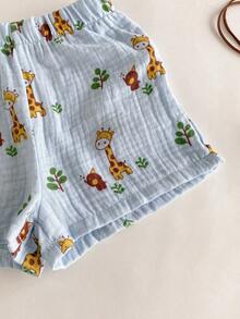 SHEIN 2pcs/Set Baby Boy Round Neck Button-Up Short Sleeve Top & Deer Print Shorts Set, Cute Casual Outfit For Spring/Summer - Baby Blue - View 7