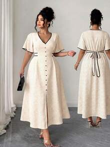 Elenzga Plus Size Women Elegant Lady Fashion Versatile Casual V-Neck Front Button Waist Tie Contrast Color Dress - Apricot - View 1