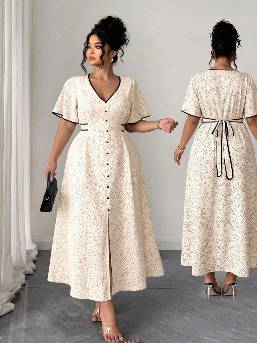 Elenzga Plus Size Women Elegant Lady Fashion Versatile Casual V-Neck Front Button Waist Tie Contrast Color Dress - Apricot - View 1