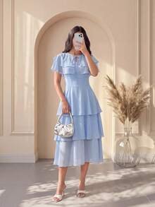 Modelyn Elegant Romantic Ruffled Shawl Collar Dress For Women,Summer Dresses For Women - Baby Blue - View 4