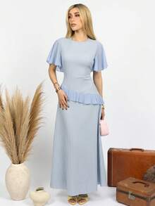 PRISCILA ESCOTO PRISCILA ESCOTO Váy suông thường ngày bằng vải dệt kết cấu mới cho nữ cổ tròn bằng vải chiffon chắp vá tay bèo nhún, thắt eo, váy dạ hội thanh lịch tôn dáng - Màu xanh lam - Xem 5