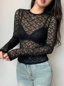 DAZY 女款透視蕾絲圓領修身套頭上衣，黑色，秋季優雅性感長袖，適合外出與夜生活 - 黑色 - 查看 5