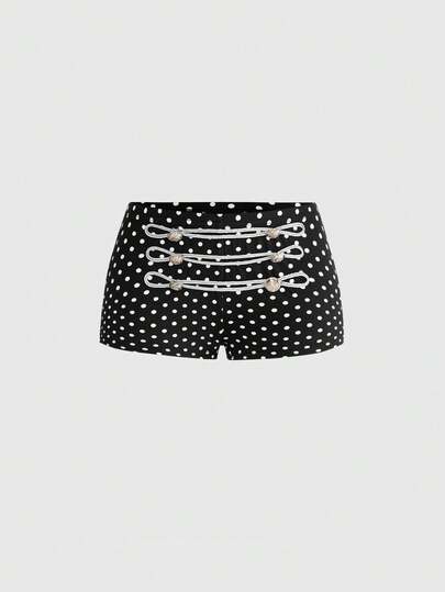 ROMWE Grunge Punk Short taille basse mini à pois avec boucle métallique et design de sangle bicolore style punk napoléonien