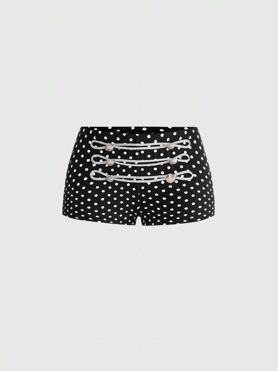 ROMWE Grunge Punk Quần short mini chấm bi cạp siêu thấp, thiết kế phối màu tương phản kiểu Napoleon phong cách Punk. - màu đen - Xem 1